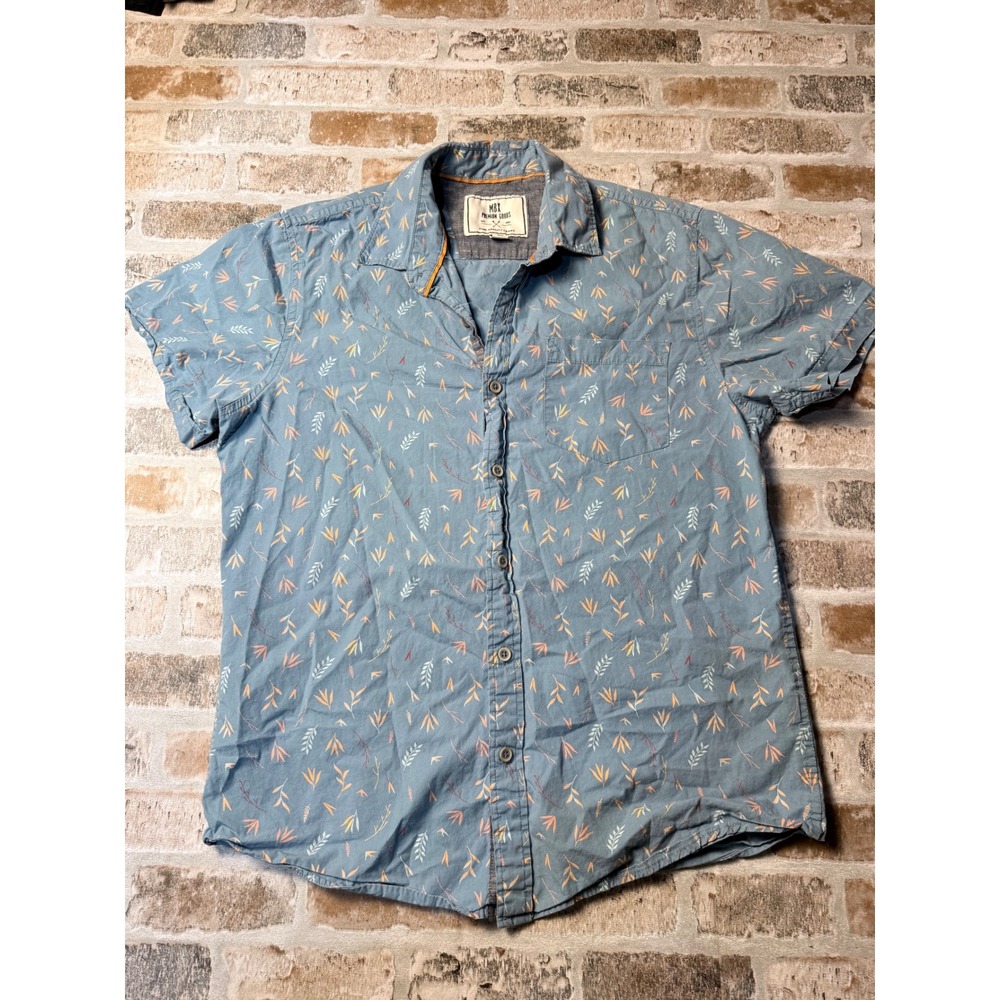 MBX Premium Goods Mens Small Blue Cotton Short‎ Sleeve Leaf Print Button Down